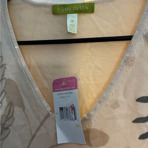 Sigrid Olsen Cream and Tan Leaf Pattern Top